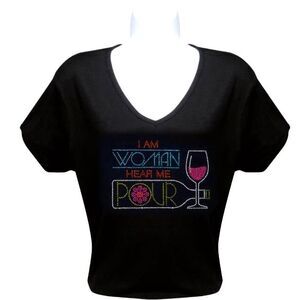 Chris's Stuff Black "I Am Woman Hear Me Pour" Bedazzled V-Neck SS Tunic Tee 1X